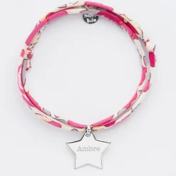 Bracelet 3 tours Liberty personnalisé prénom médaille gravée argent étoile 20x20 mm