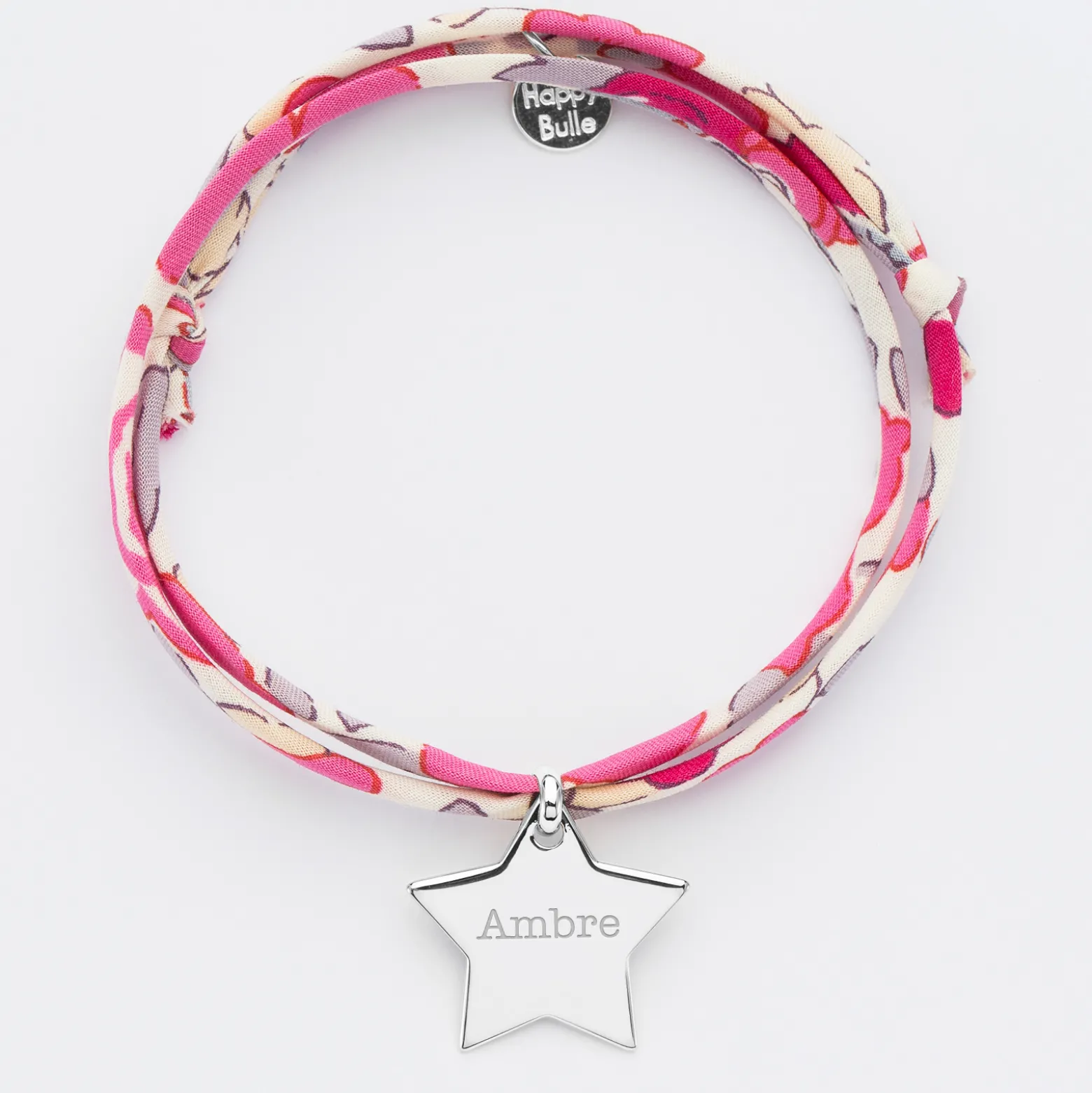 Bracelet 3 tours Liberty personnalisé prénom médaille gravée argent étoile 20x20 mm