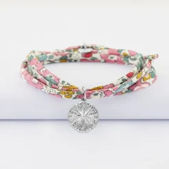 Bracelet 3 tours Liberty personnalisé médaille gravée argent rose des vents texturée 14 mm