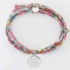 Bracelet 3 tours Liberty personnalisé médaille gravée argent rose des vents texturée 14 mm