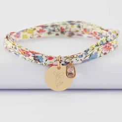 Bracelet 3 tours Liberty personnalisé médaille gravée plaqué or 15 mm et breloque rectangle zircon plaqué or 9 mm
