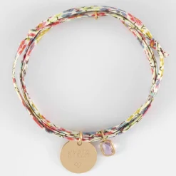 Bracelet 3 tours Liberty personnalisé médaille gravée plaqué or 15 mm et breloque rectangle zircon plaqué or 9 mm