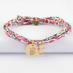 Bracelet 3 tours Liberty personnalisé médaille gravée plaqué or 15 mm et breloque petite fille zircon 12 mm