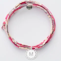 Bracelet 3 tours Liberty personnalisé médaille lettre initiale dentelle argent 14 mm