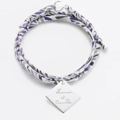 Bracelet 3 tours Liberty personnalisé médaille gravée argent dormeuse losange 25x25 mm - Nos petits imparfaits