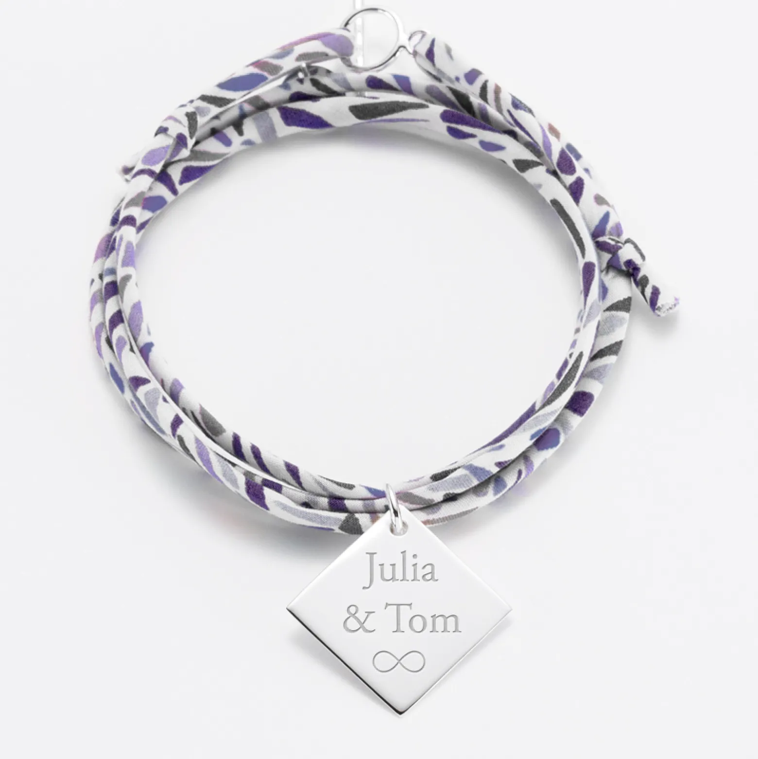 Bracelet 3 tours Liberty personnalisé médaille gravée argent dormeuse losange 25x25 mm - Nos petits imparfaits