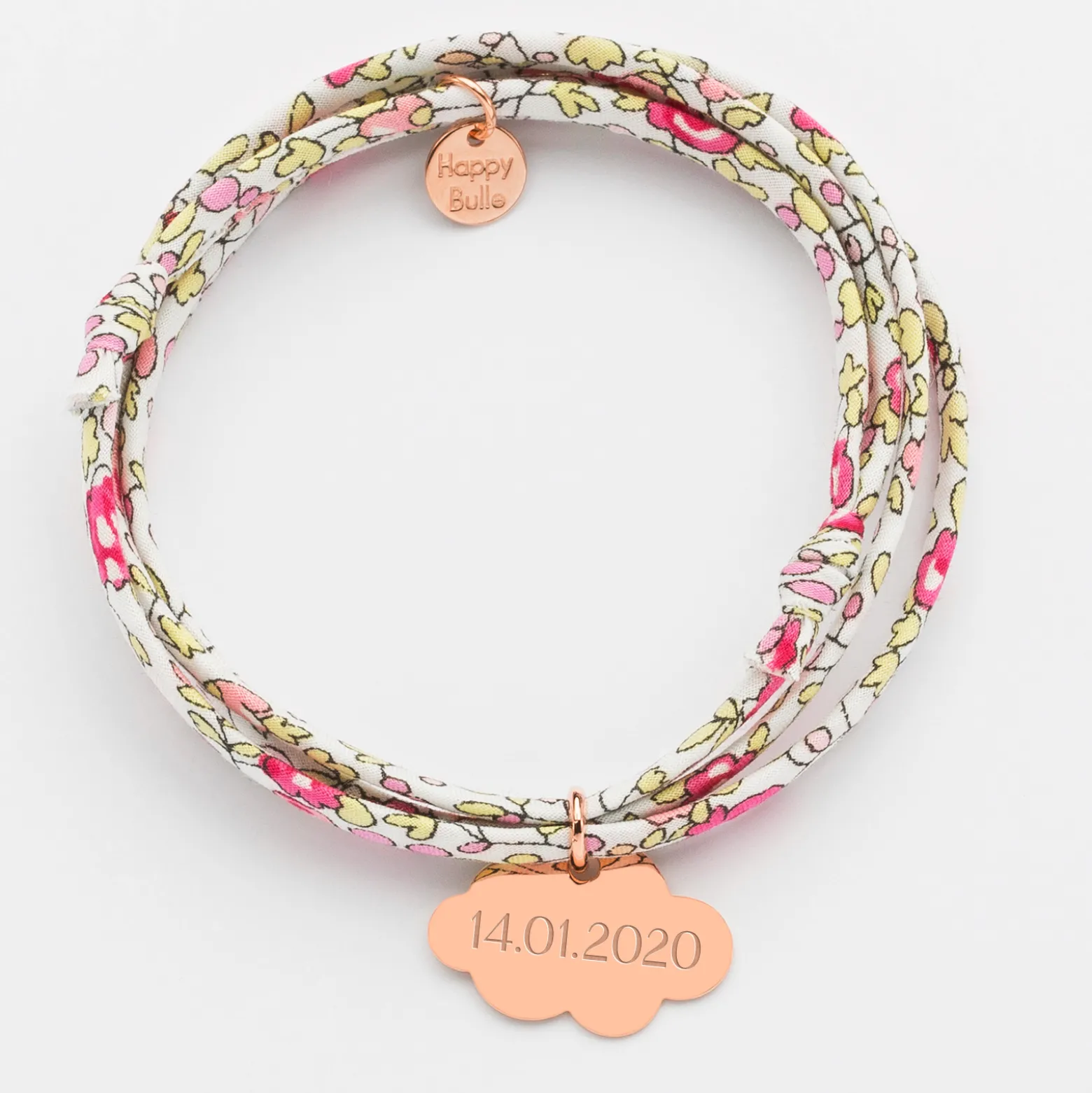 Bracelet 3 tours Liberty personnalisé prénom médaille gravée plaqué or rose nuage 20x14 mm