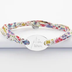 Bracelet 2 tours Liberty personnalisé médaille gravée argent ovale 25x16 mm