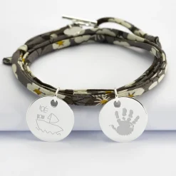 Bracelet 3 tours Liberty personnalisé 2 médailles gravées argent 19 mm