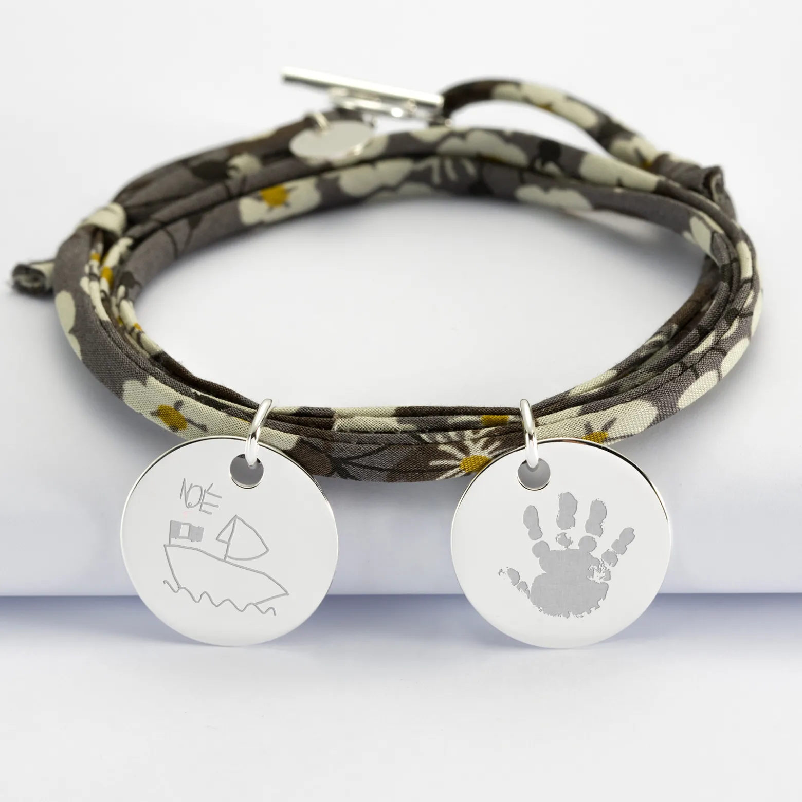 Bracelet 3 tours Liberty personnalisé 2 médailles gravées argent 19 mm