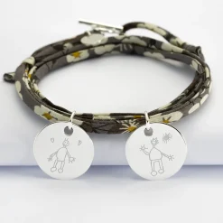Bracelet 3 tours Liberty personnalisé 2 médailles gravées argent 19 mm