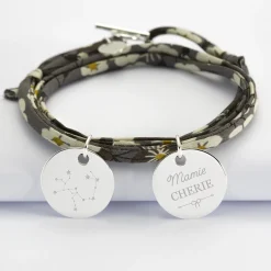 Bracelet 3 tours Liberty personnalisé 2 médailles gravées argent 19 mm
