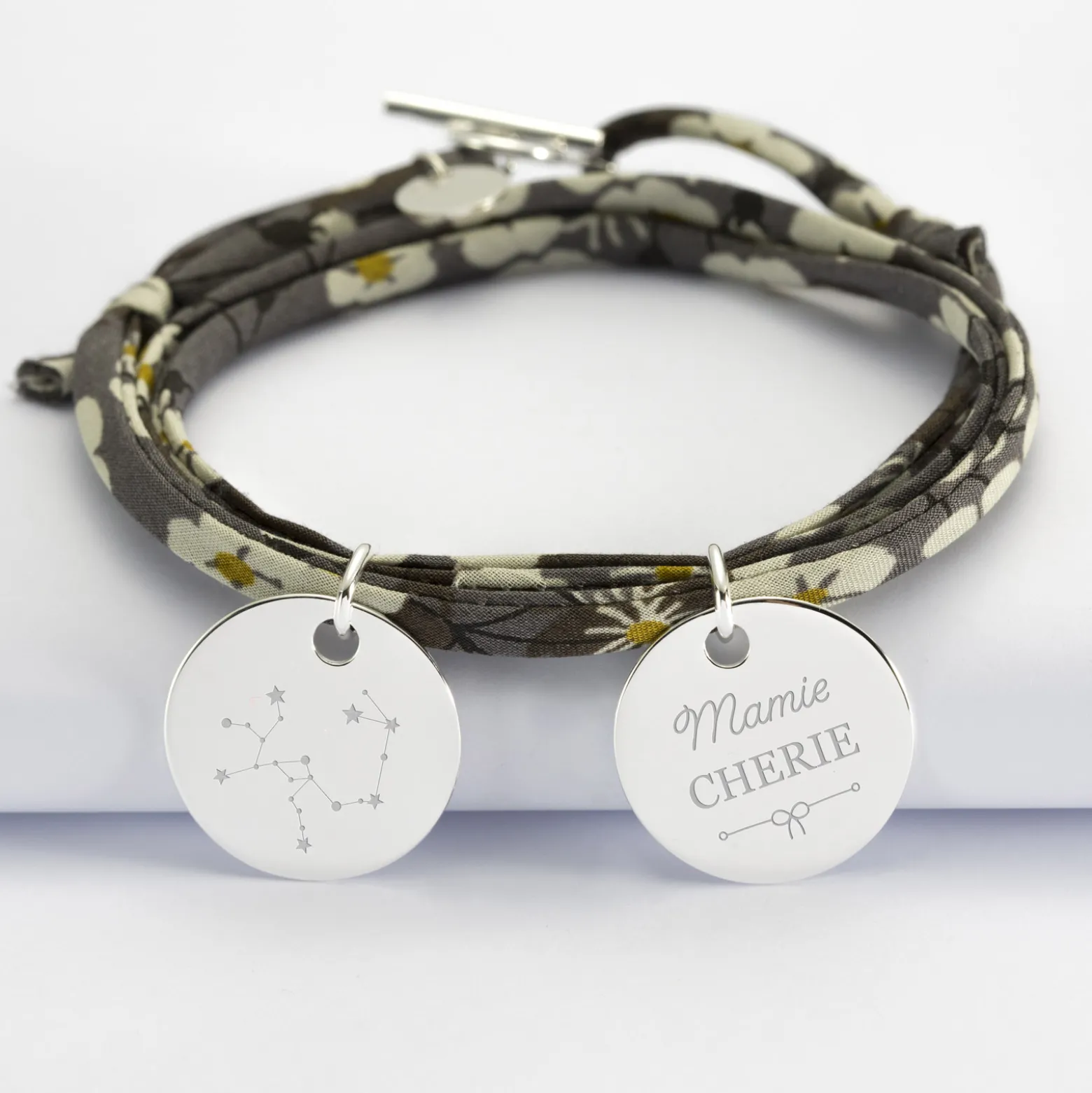 Bracelet 3 tours Liberty personnalisé 2 médailles gravées argent 19 mm