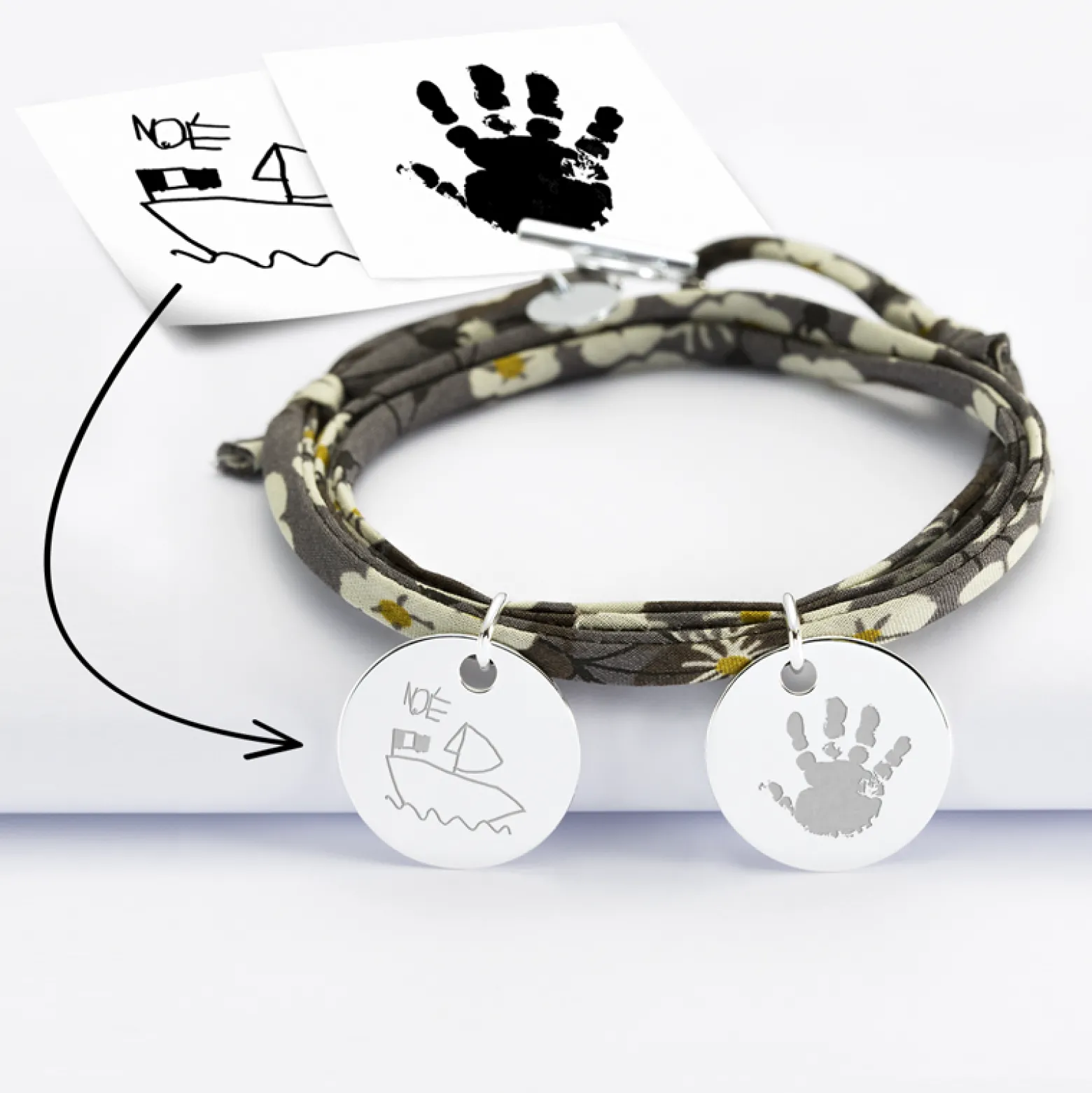 Bracelet 3 tours Liberty personnalisé 2 médailles gravées argent 19 mm