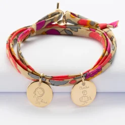 Bracelet 3 tours Liberty personnalisé 2 médailles gravées plaqué or 15 mm