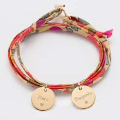 Bracelet 3 tours Liberty personnalisé 2 médailles gravées plaqué or 15 mm