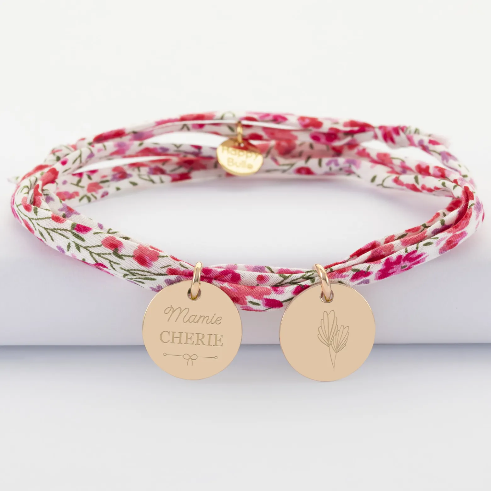 Bracelet 3 tours Liberty personnalisé 2 médailles gravées plaqué or 15 mm