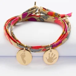 Bracelet 3 tours Liberty personnalisé 2 médailles gravées plaqué or 15 mm