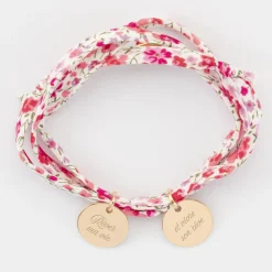 Bracelet 3 tours Liberty personnalisé 2 médailles gravées plaqué or 15 mm