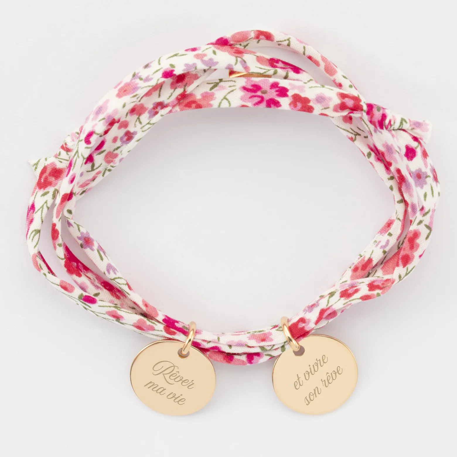 Bracelet 3 tours Liberty personnalisé 2 médailles gravées plaqué or 15 mm