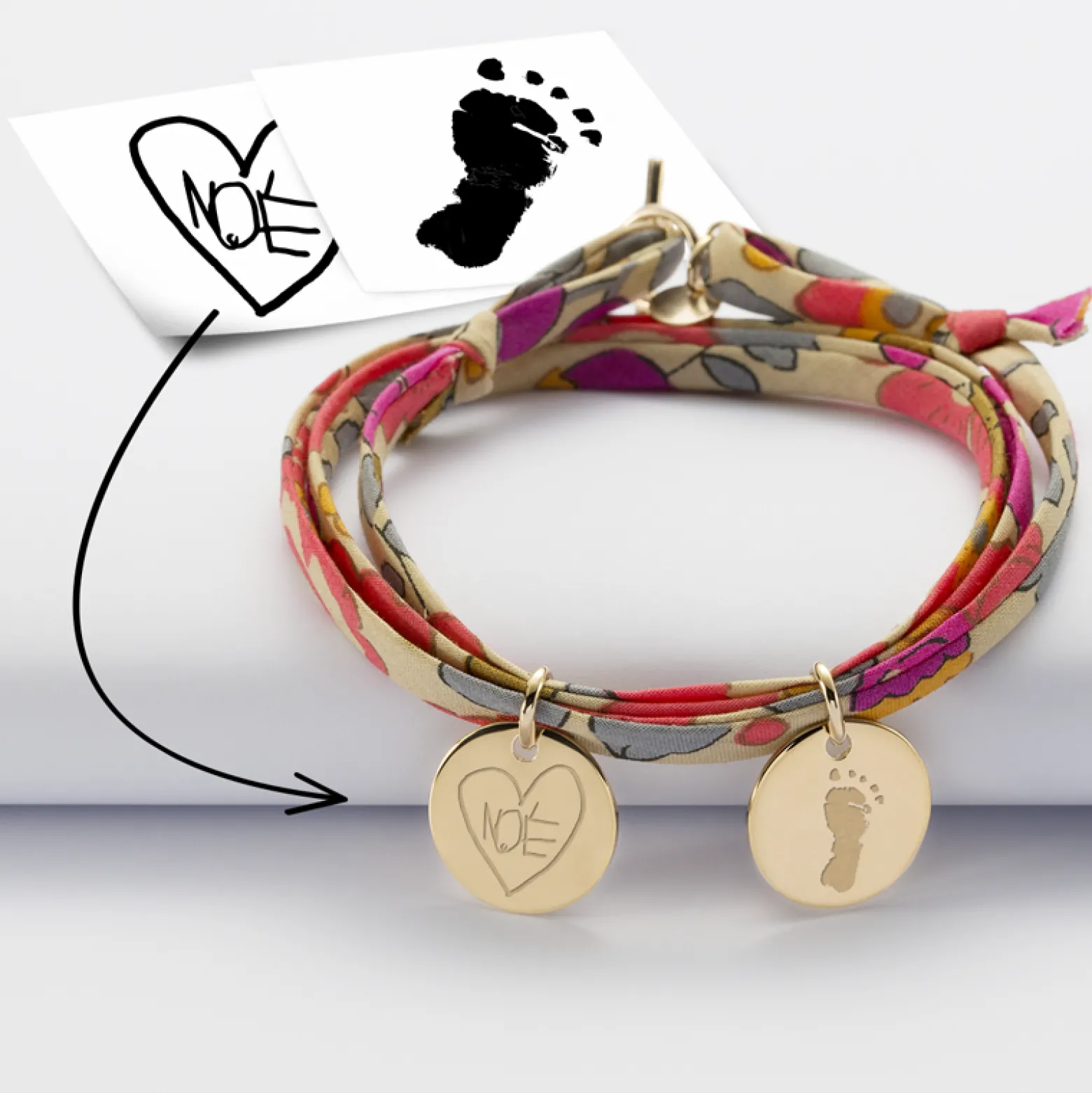 Bracelet 3 tours Liberty personnalisé 2 médailles gravées plaqué or 15 mm