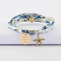 Bracelet 3 tours Liberty personnalisé médaille gravée plaqué or 15 mm et breloque(s) summer - à composer