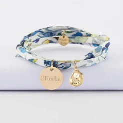 Bracelet 3 tours Liberty personnalisé médaille gravée plaqué or 15 mm et breloque(s) summer - à composer