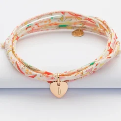 Bracelet 3 tours Liberty personnalisé initiale médaille gravée plaqué or coeur 10 mm
