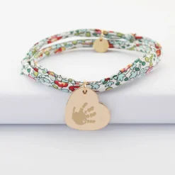 Bracelet 3 tours Liberty personnalisé médaille gravée plaqué or dormeuse coeur 19x21 mm