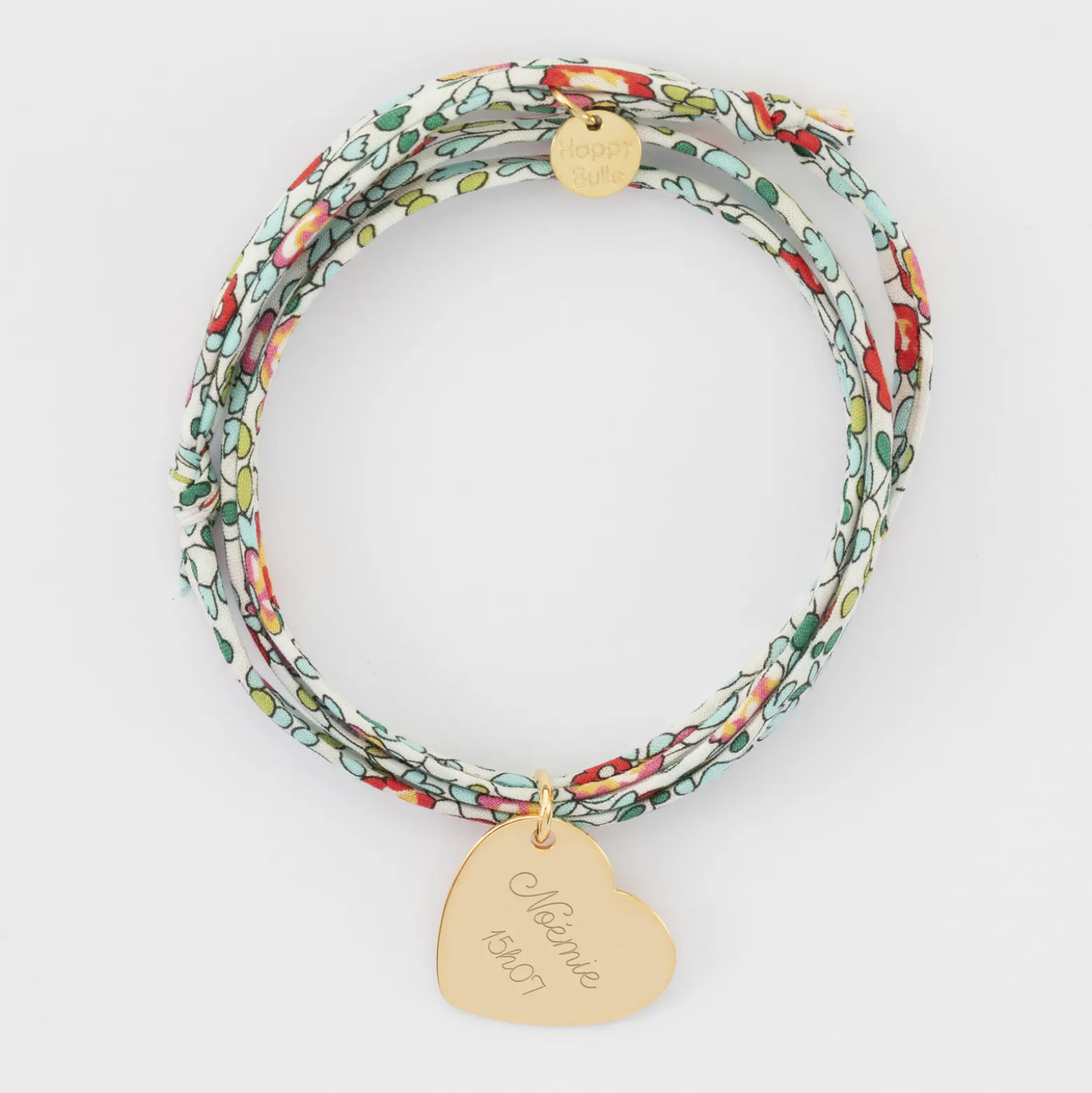 Bracelet 3 tours Liberty personnalisé médaille gravée plaqué or dormeuse coeur 19x21 mm
