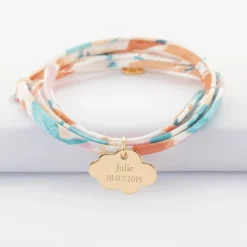 Bracelet 3 tours Liberty personnalisé prénom médaille gravée plaqué or nuage 20x14 mm