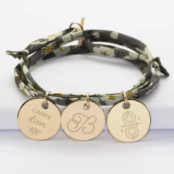 Bracelet 3 tours liberty personnalisé 3 médailles gravées plaqué or 19 mm