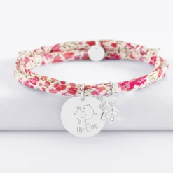Bracelet 3 tours Liberty personnalisé médaille gravée argent 19 mm et breloque petite fille scintillante 12 mm