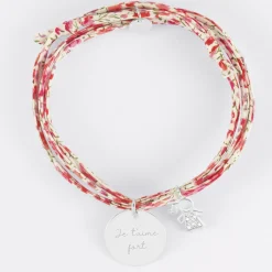 Bracelet 3 tours Liberty personnalisé médaille gravée argent 19 mm et breloque petite fille scintillante 12 mm