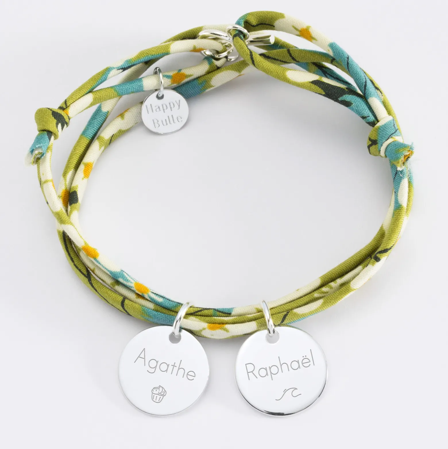 Bracelet 3 tours Liberty personnalisé 2 médailles gravées argent 15 mm