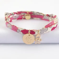 Bracelet 3 tours Liberty personnalisé médaille gravée plaqué or 15 mm et breloque petit garçon zircon 12 mm