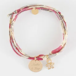 Bracelet 3 tours Liberty personnalisé médaille gravée plaqué or 15 mm et breloque petit garçon zircon 12 mm