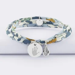 Bracelet 3 tours Liberty personnalisé médaille gravée argent 15 mm et breloque coquillage cauri 10 mm