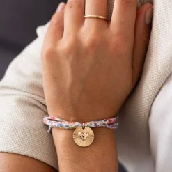 Bracelet 3 tours Liberty personnalisé médaille soleil coeur bombé gravée plaqué or 19 mm