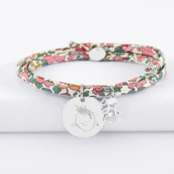 Bracelet 3 tours Liberty personnalisé médaille gravée argent 19 mm et breloque petite fille zircon 12 mm