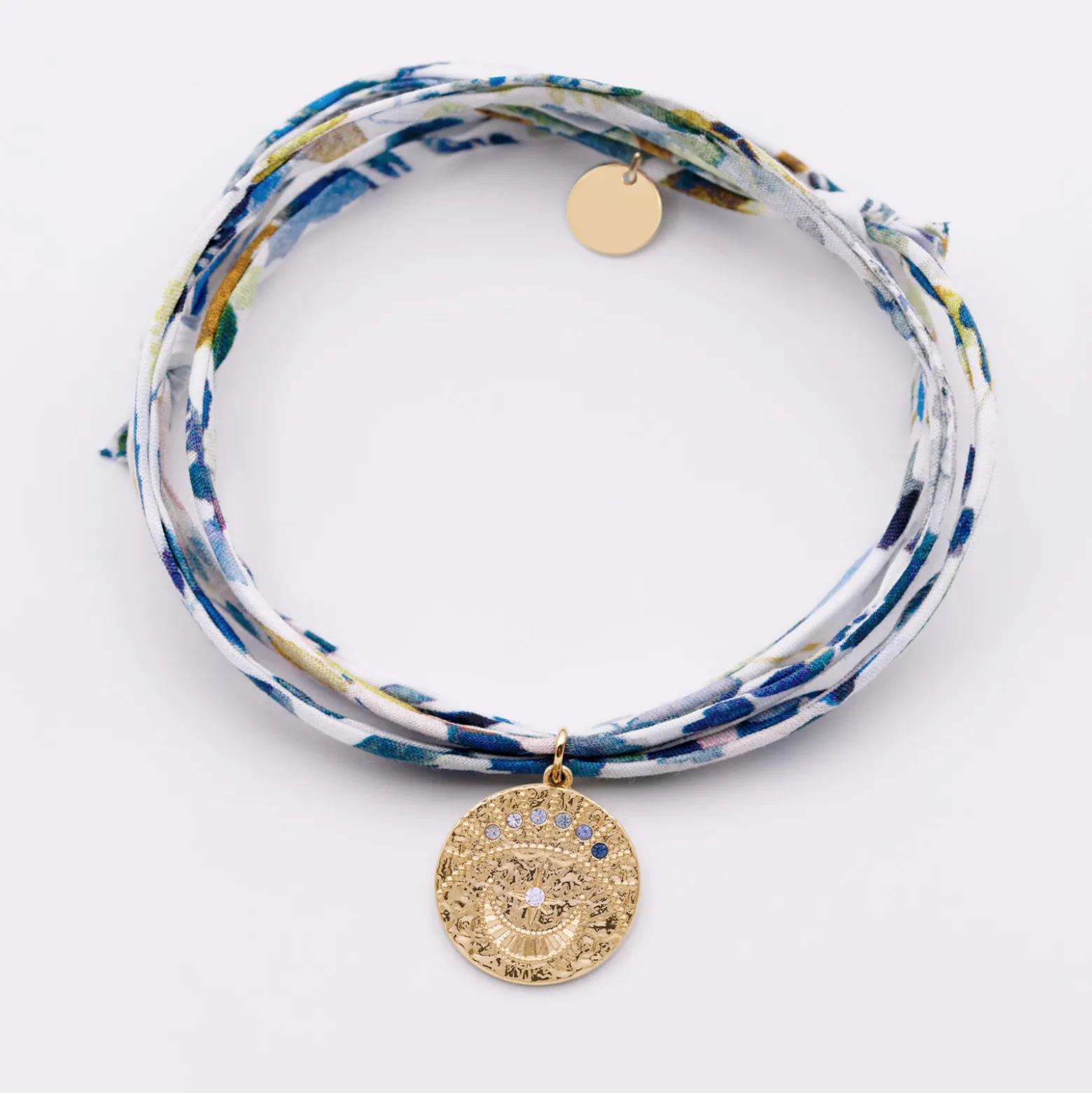 Bracelet 3 tours Liberty personnalisé médaille Lune zircons crépuscule gravée plaqué or 16 mm