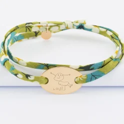 Bracelet 2 tours Liberty personnalisé médaille gravée plaqué or ovale 25x16 mm