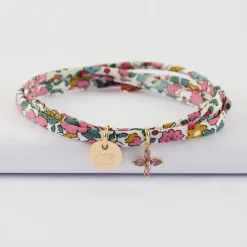 Bracelet 3 tours Liberty personnalisé médaille gravée plaqué or 10 mm et breloque fleur pétales zircons 10 mm