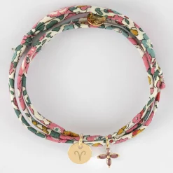Bracelet 3 tours Liberty personnalisé médaille gravée plaqué or 10 mm et breloque fleur pétales zircons 10 mm