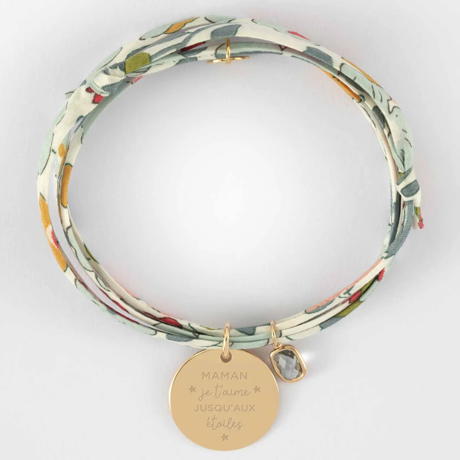 Bracelet 3 tours Liberty personnalisé médaille gravée plaqué or 19 mm et breloque rectangle zircon plaqué or 9 mm