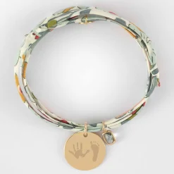 Bracelet 3 tours Liberty personnalisé médaille gravée plaqué or 19 mm et breloque rectangle zircon plaqué or 9 mm