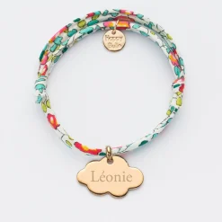 Bracelet baptême enfant Liberty personnalisé prénom médaille gravée plaqué or nuage 20x14 mm