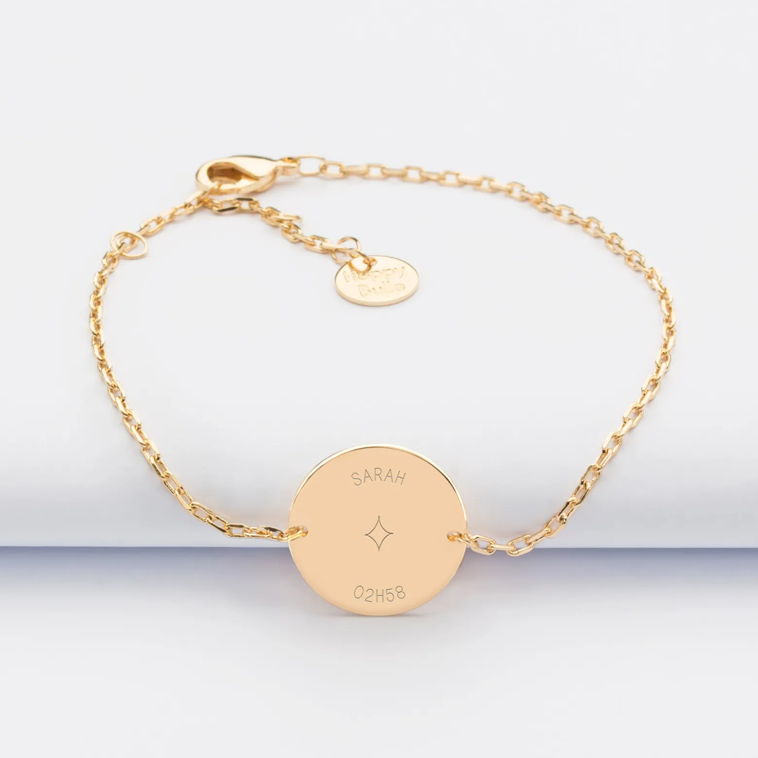 Bracelet chaine enfant personnalisé médaille gravée plaqué or 2 trous 15 mm - HappyBulle x Capucine