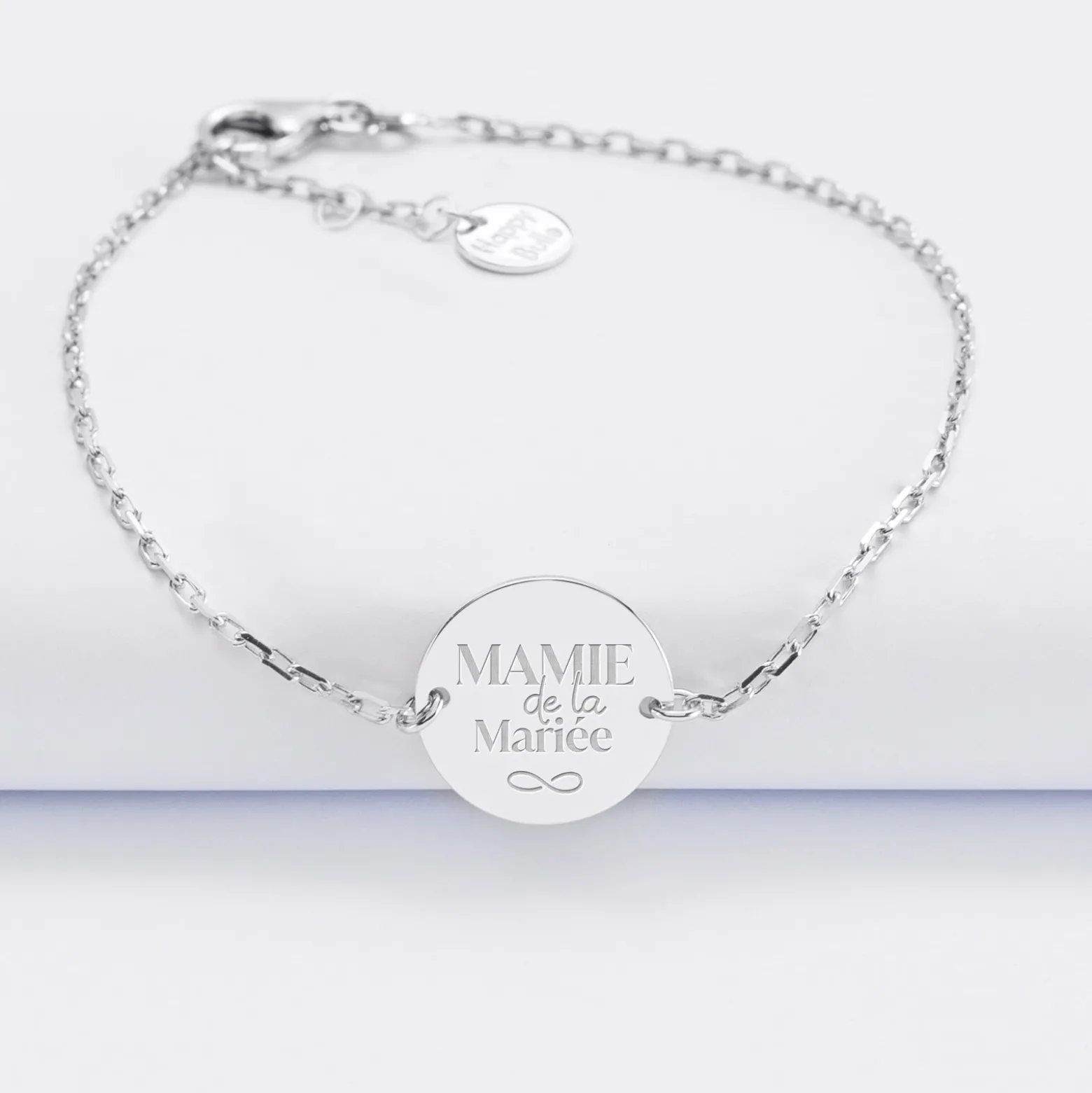 Bracelet chaine Famille des mariés personnalisé médaille gravée argent 2 trous 15 mm
