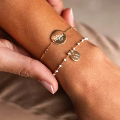 Bracelet chaine Mariée personnalisé médaille gravée plaqué or 2 trous 15 mm